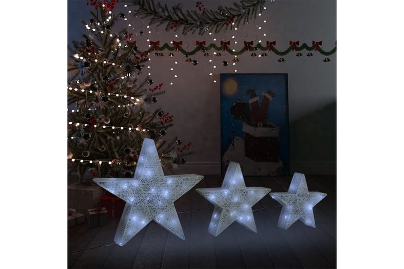 Julepynt stjerner 3 stk hvit netting LED utendørs innendørs - Hvit - Julebelysning utendørs