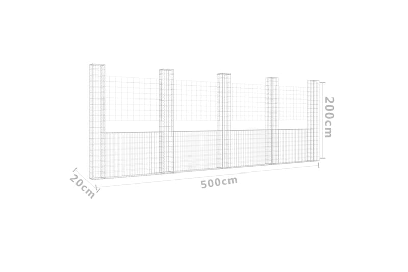 Gabionkurv u-formet med 5 stolper jern 500x20x200 cm - Silver - Hagemøbler & utemiljø - Hagedekorasjon & utemiljø - Gjerder & Grinder