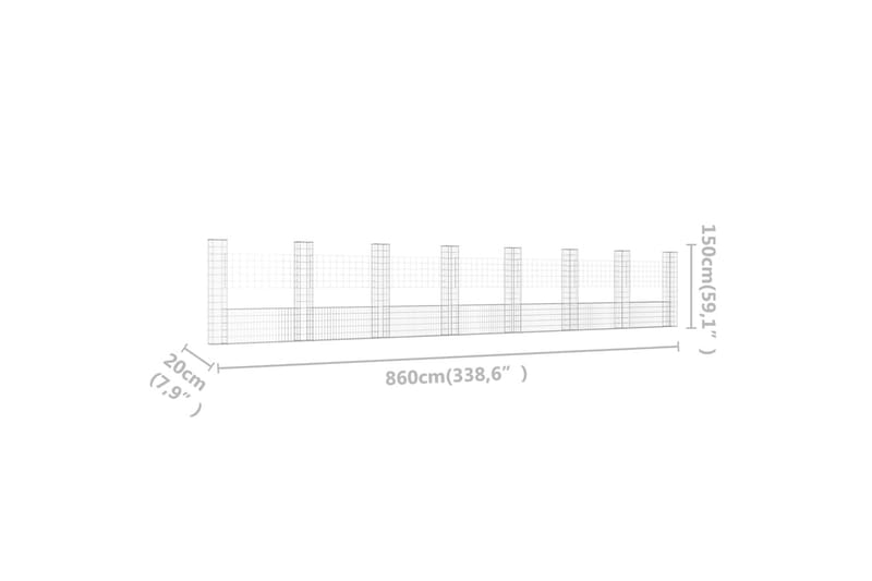 Gabionkurv u-formet med 8 stolper jern 860x20x150 cm - Silver - Hagemøbler & utemiljø - Hagedekorasjon & utemiljø - Gjerder & Grinder