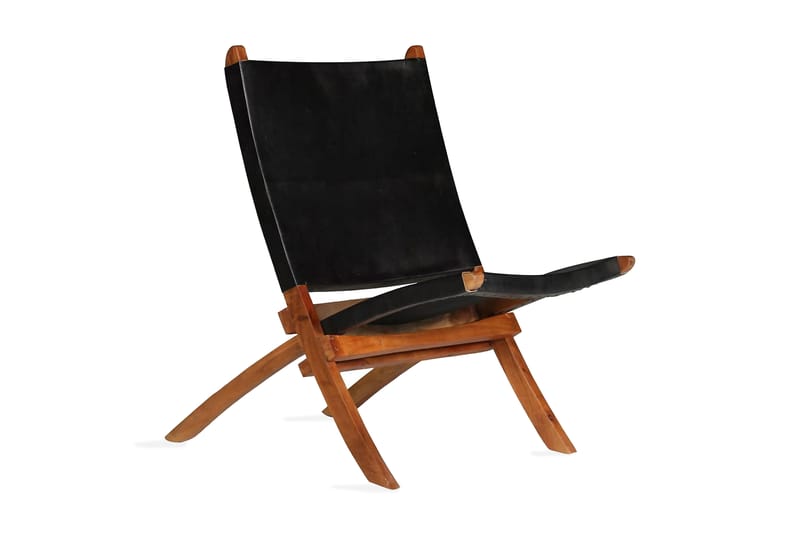 Sammenleggbar lenestol svart ekte skinn - Brun|Svart - Utelenestoler - Loungestol utendørs