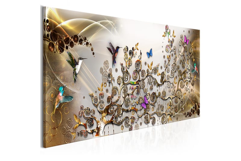 Tavle Hummingbirds Dance (1 Part) Gold Narrow 135X45 - Artgeist sp. z o. o. - Interiør - Maleri & posters - Lerretsbilder