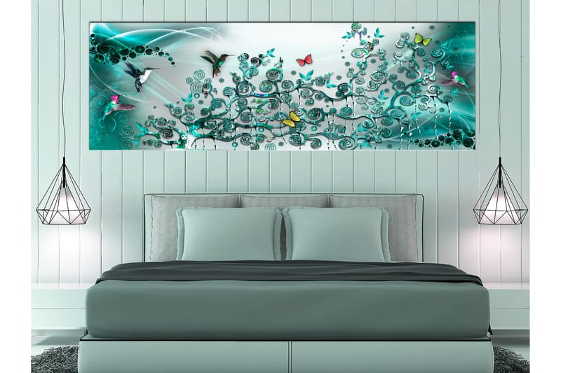 Tavle Hummingbirds Dance (1 Part) Turquoise Narrow 135X45 - Artgeist sp. z o. o. - Interiør - Maleri & posters - Lerretsbilder