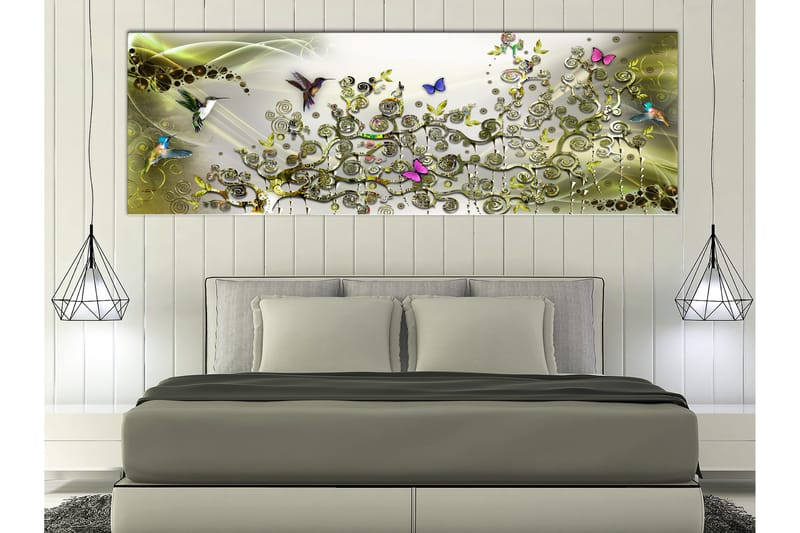 Tavle Hummingbirds Dance (1 Part) Green Narrow 150X50 - Artgeist sp. z o. o. - Interiør - Maleri & posters - Lerretsbilder