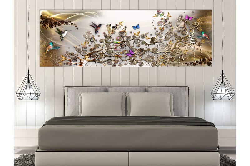 Tavle Hummingbirds Dance (1 Part) Gold Narrow 135X45 - Artgeist sp. z o. o. - Interiør - Maleri & posters - Lerretsbilder