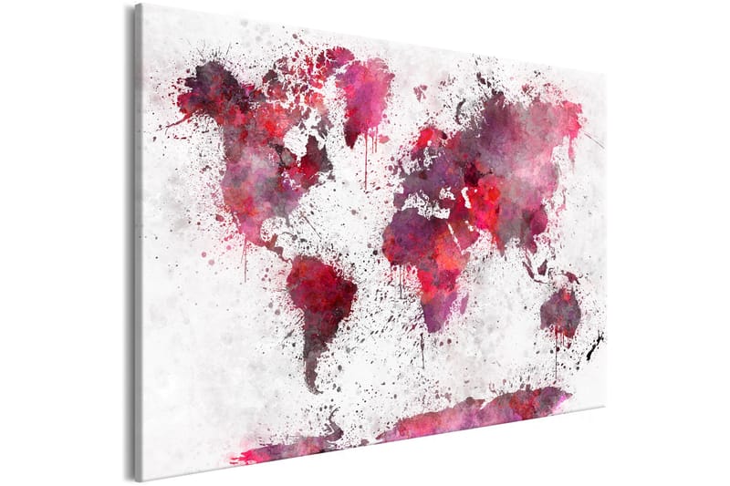 Tavle World Map: Red Watercolors (1 Part) Wide 90X60 - Artgeist sp. z o. o. - Interiør - Maleri & posters - Lerretsbilder