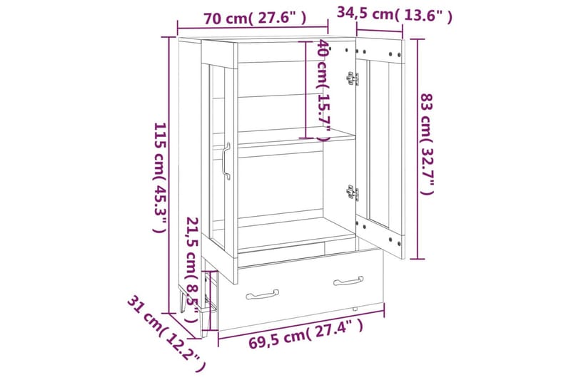 beBasic Highboard brun eik 70x31x115 cm konstruert tre - Brun - Møbler - Bord - Avlastningsbord & sidobord - Brettbord og småbord