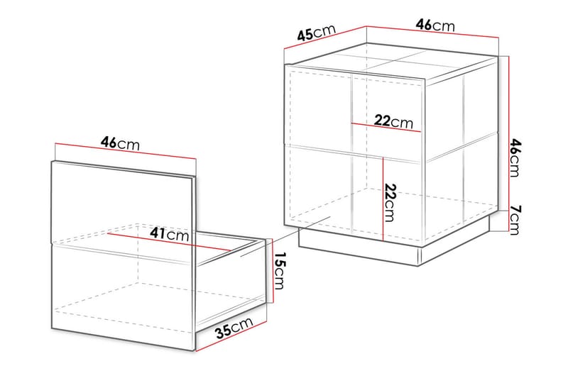 Nattbord Ebreon 46 cm + LED 2-pk - Grå Høyglans/Hvit LED - Møbler - Bord - Avlastningsbord & sidobord - Sengebord & nattbord