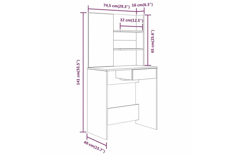 beBasic Sminkebord med speil brun eik 74,5x40x141 cm - Brun - Møbler - Bord - Sminkebord & toalettbord