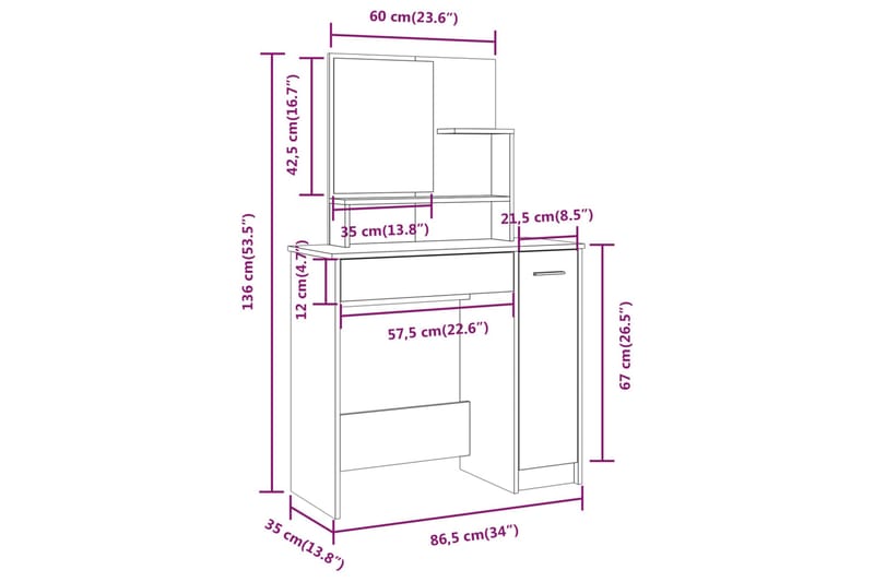 beBasic Sminkebord med speil brun eik 86,5x35x136 cm - Brun - Møbler - Bord - Sminkebord & toalettbord