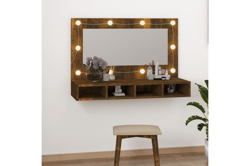 beBasic Speilskap med LED røkt eik 90x31,5x62 cm - Brun - Møbler - Bord - Sminkebord & toalettbord