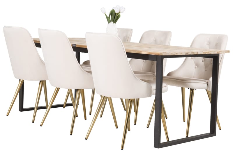 Cirebon Spisegruppe 200 cm Rektangulær med 6 Velvet Stoler - Beige - Møbler - Bord - Spisegruppe