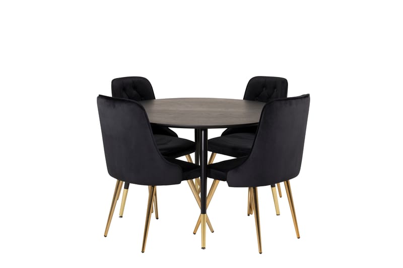 Dipp Spisegruppe 115 cm Rund med 4 Velvet Stoler - Sort/Guld - Møbler - Bord - Spisegruppe