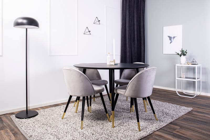 Dipp Spisegruppe 115 cm Rund med 4 Velvet Stoler - Sort/Guld - Møbler - Bord - Spisegruppe