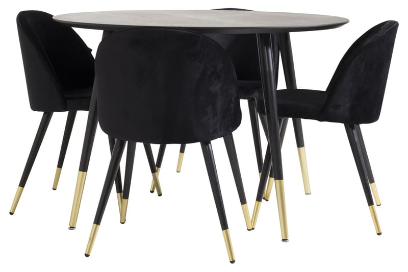 Dipp Spisegruppe 115 cm Rund med 4 Velvet Stoler - Sort/Guld - Møbler - Bord - Spisegruppe