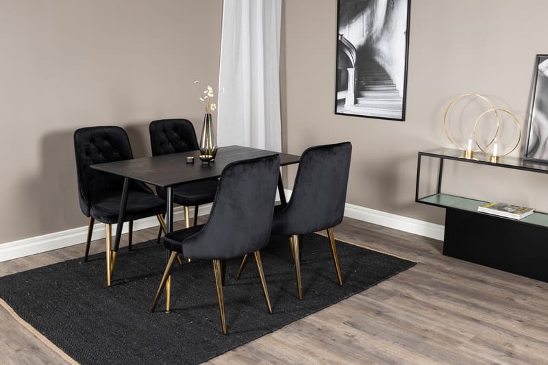 Dipp Spisegruppe 120 cm Rund med 4 Velvet Stoler - Sort/Guld - Møbler - Bord - Spisegruppe