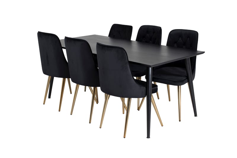 Dipp Spisegruppe 180 cm Rektangul�ær med 6 Velvet Stoler - Sort/Guld - Møbler - Bord - Spisegruppe