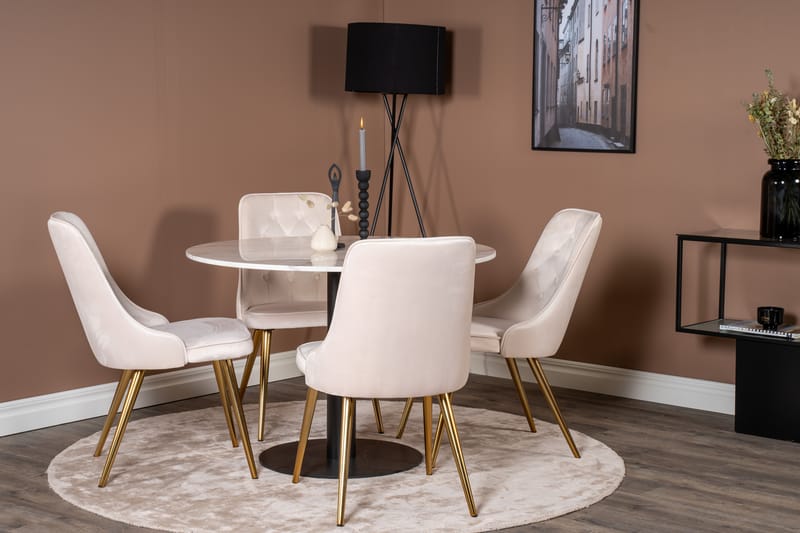 Estelle Spisegruppe 106 cm Rund med 4 Velvet Stoler - Beige - Møbler - Bord - Spisegruppe