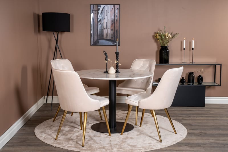 Estelle Spisegruppe 106 cm Rund med 4 Velvet Stoler - Beige - Møbler - Bord - Spisegruppe