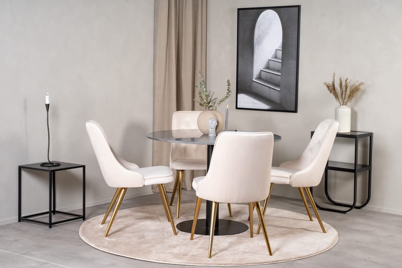 Estelle Spisegruppe 106 cm Rund med 4 Velvet Stoler - Beige - Møbler - Bord - Spisegruppe