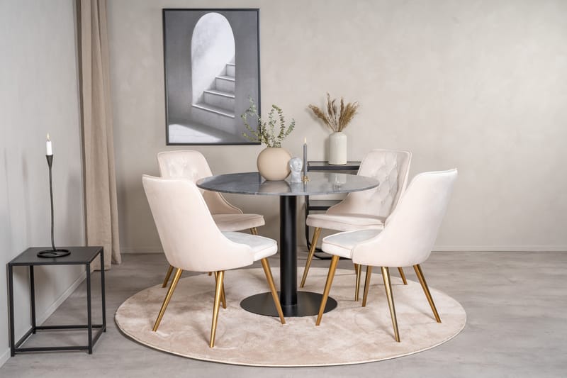 Estelle Spisegruppe 106 cm Rund med 4 Velvet Stoler - Beige - Møbler - Bord - Spisegruppe