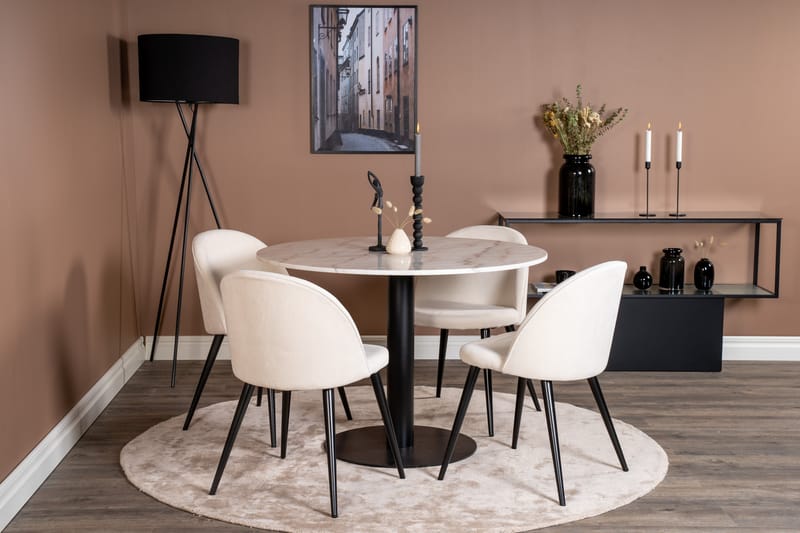 Estelle Spisegruppe 106 cm Rund med 4 Velvet Stoler - Beige - Møbler - Bord - Spisegruppe