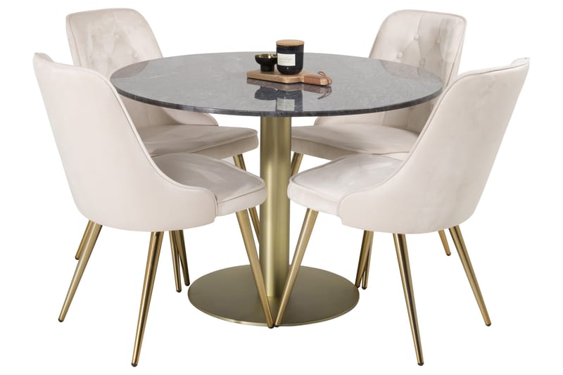 Estelle Spisegruppe 106 cm Rund med 4 Velvet Stoler - Beige - Møbler - Bord - Spisegruppe