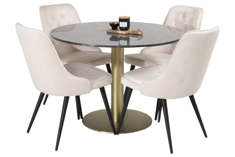 Estelle Spisegruppe 106 cm Rund med 4 Velvet Stoler - Beige - Møbler - Bord - Spisegruppe