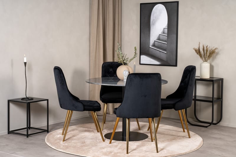 Estelle Spisegruppe 106 cm Rund med 4 Velvet Stoler - Sort/Guld - Møbler - Bord - Spisegruppe