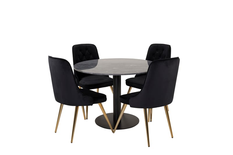 Estelle Spisegruppe 106 cm Rund med 4 Velvet Stoler - Sort/Guld - Møbler - Bord - Spisegruppe