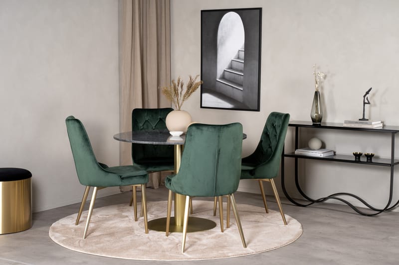 Estelle Spisegruppe 106 cm Rund med 4 Velvet Stoler - Sort/Guld - Møbler - Bord - Spisegruppe