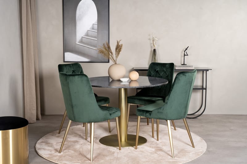 Estelle Spisegruppe 106 cm Rund med 4 Velvet Stoler - Sort/Guld - Møbler - Bord - Spisegruppe