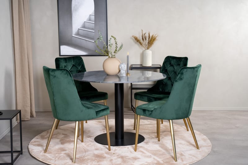 Estelle Spisegruppe 106 cm Rund med 4 Velvet Stoler - Sort/Guld - Møbler - Bord - Spisegruppe