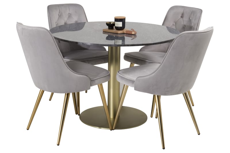 Estelle Spisegruppe 106 cm Rund med 4 Velvet Stoler - Sort/Guld - Møbler - Bord - Spisegruppe