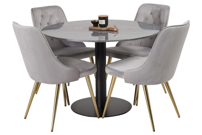 Estelle Spisegruppe 106 cm Rund med 4 Velvet Stoler - Sort/Guld - Møbler - Bord - Spisegruppe