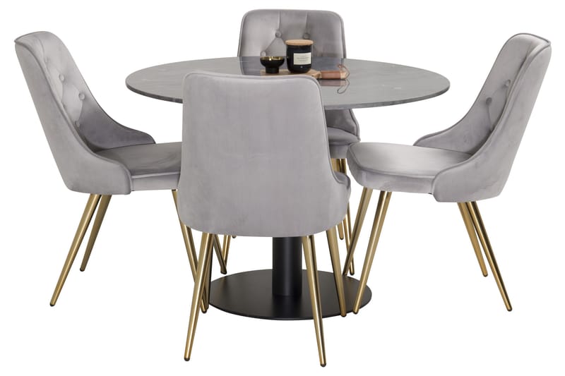 Estelle Spisegruppe 106 cm Rund med 4 Velvet Stoler - Sort/Guld - Møbler - Bord - Spisegruppe