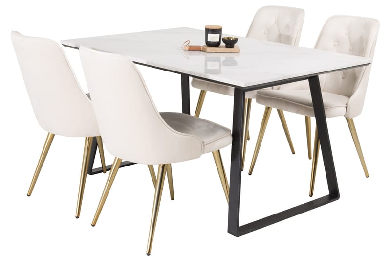 Estelle Spisegruppe 140 cm Rektangulær med 4 Velvet Stoler - Beige - Møbler - Bord - Spisegruppe