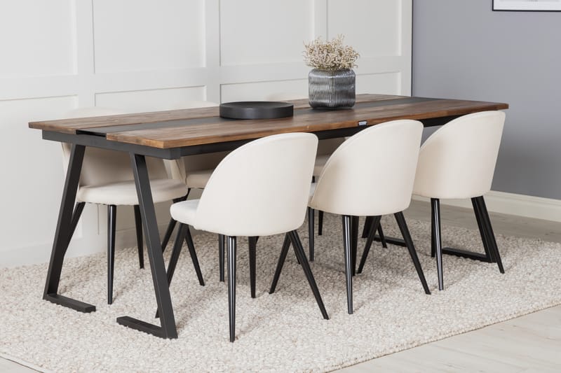 Jakarta Spisegruppe 200 cm Rektangulær med 6 Velvet Stoler - Beige - Møbler - Bord - Spisegruppe