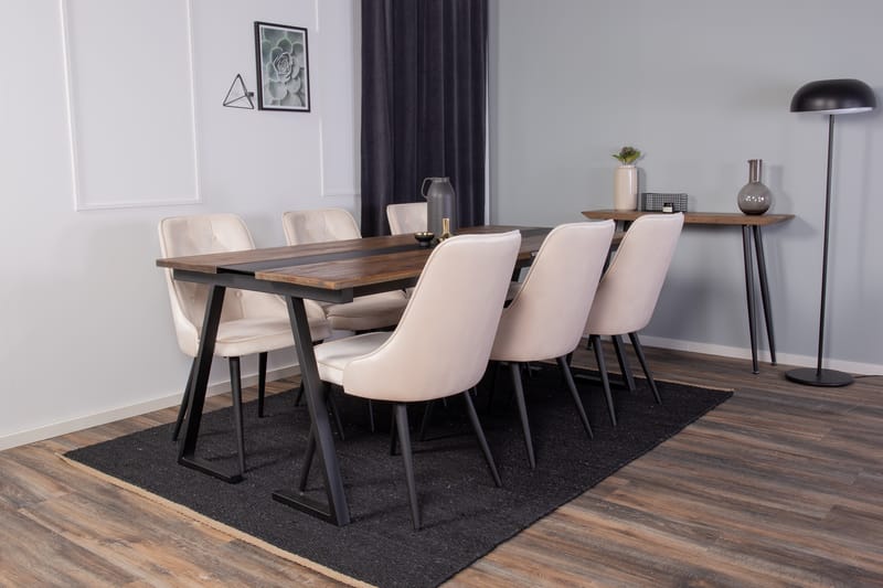 Jakarta Spisegruppe 200 cm Rektangulær med 6 Velvet Stoler - Beige - Møbler - Bord - Spisegruppe