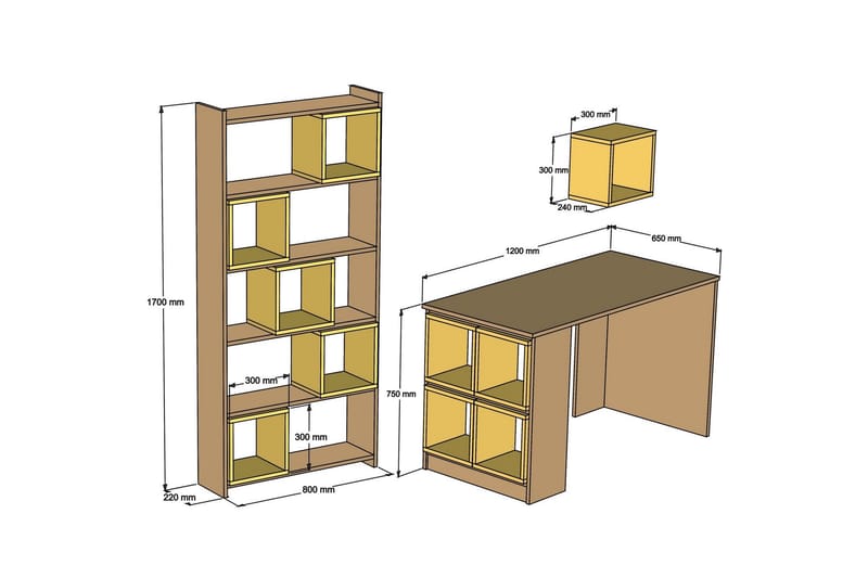 Skrivebord Amtorp 120cm med Oppbevaring Hylle+Vegghylle+Bokh - Brun/Gul - Møbler - Bord - Kontorbord - Skrivebord