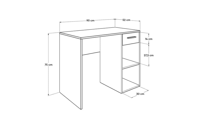 Skrivebord Mazirbe 90 cm med Oppbevaring Skuff + 2 Hyller - Hvit - Møbler - Bord - Kontorbord - Skrivebord