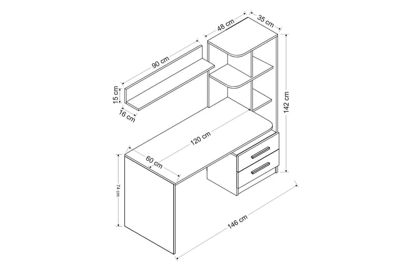 Skrivebord Razotaji 120 cm med Oppbevaring Skuff+Hyller+Vegg - Hvit/Svart - Møbler - Bord - Kontorbord - Skrivebord