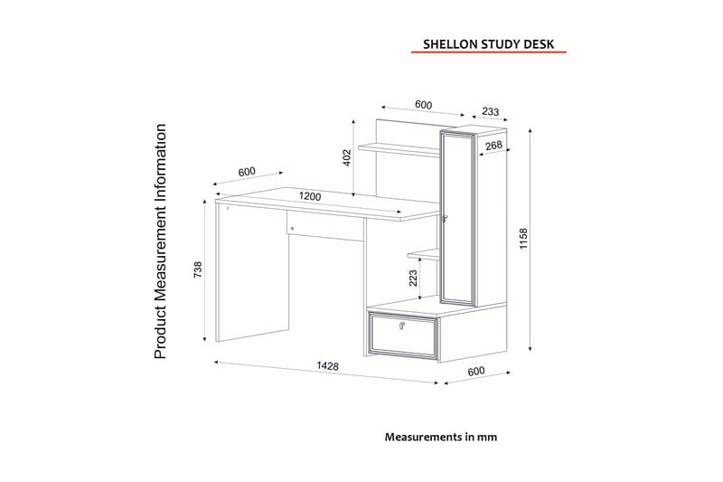 Skrivebord Shellon 143 cm med Oppbevaringshyller + Skap - Hvit - Møbler - Bord - Kontorbord - Skrivebord