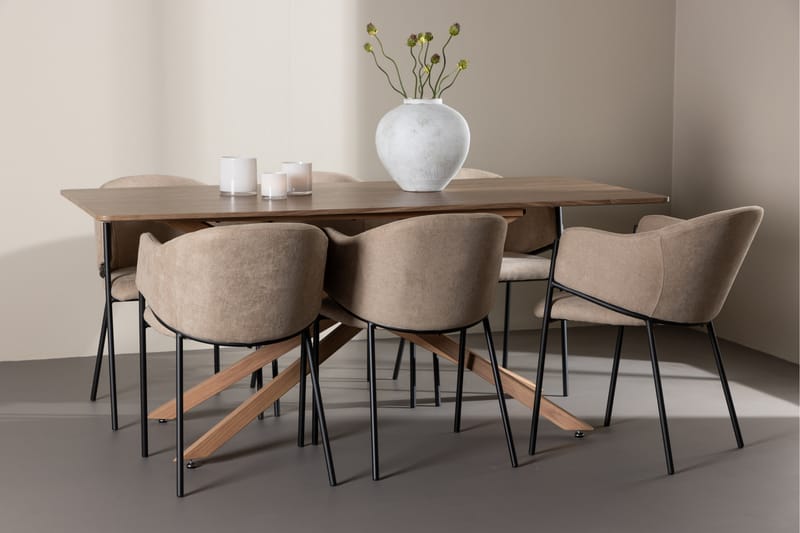 Matgruppe Piazza 180 cm Rektangulær med 6 Evelina stoler - Mocca/Beige - Møbler - Bord - Spisegruppe