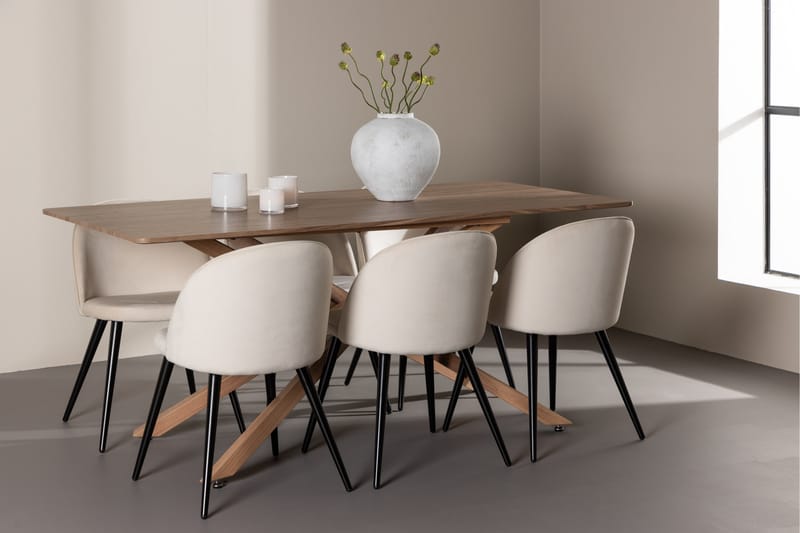 Matgruppe Piazza 180 cm Rektangulær med 6 Velvet stoler - Mocca/Beige - Møbler - Bord - Spisegruppe