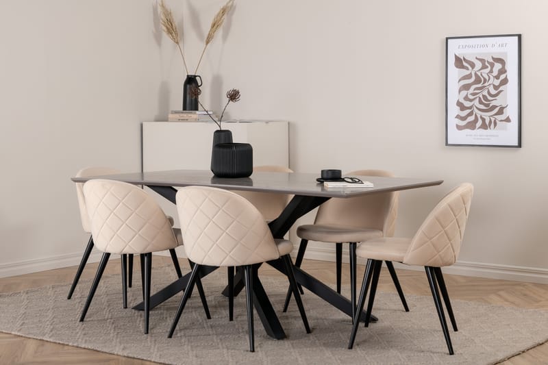 Piazza Spisegruppe 180 cm Rektangulær med 6 Velvet Stoler - Beige - Møbler - Bord - Spisegruppe