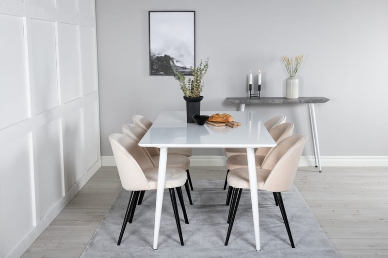 Polar Spisegruppe 180 cm Rektangulær med 6 Velvet Stoler - Beige - Møbler - Bord - Spisegruppe