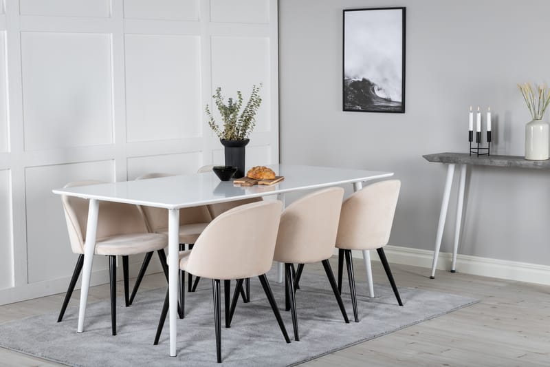 Polar Spisegruppe 180 cm Rektangulær med 6 Velvet Stoler - Beige - Møbler - Bord - Spisegruppe