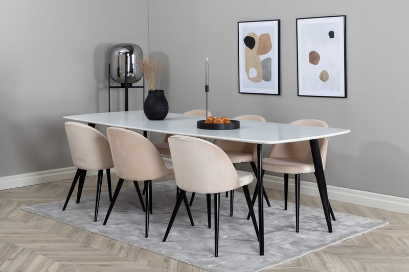 Polar Spisegruppe 240 cm Rektangulær med 6 Velvet Stoler - Beige - Møbler - Bord - Spisegruppe