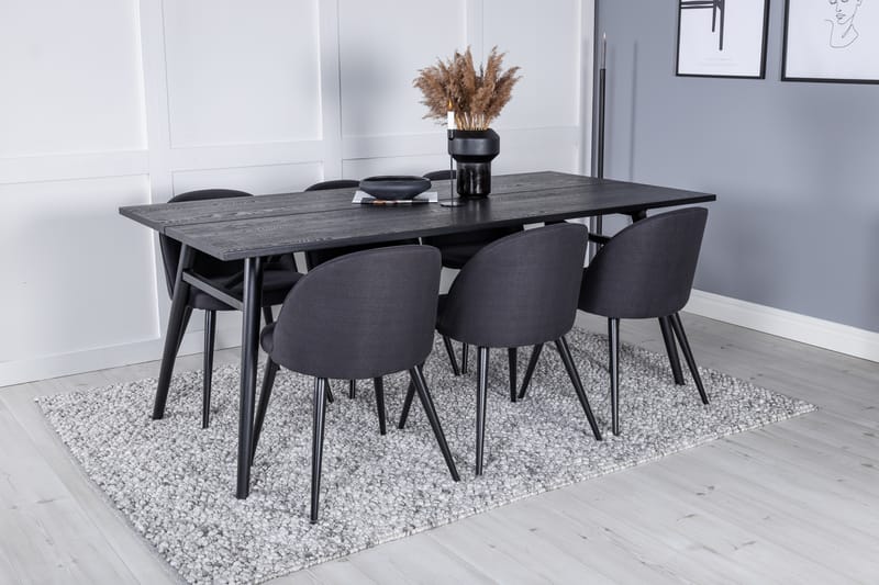 Sleek Spisegruppe Forlengningsbar 195 cm Rektangulær med 6 Velvet Stoler - Sort - Møbler - Bord - Spisegruppe