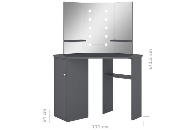 Hjørnemontert sminkebord med LED grå 111x54x141,5 cm - Grå - Møbler - Bord - Sminkebord & toalettbord